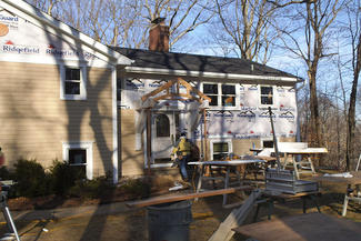 Timberframe front Entrance & Hardy Siding & Deck - Construction - View 3