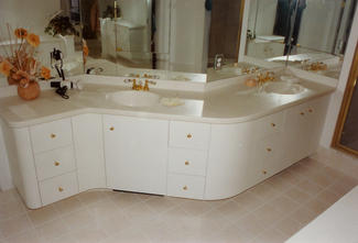 Bathroom G - AFTER with Free-form Vanity (White Laquer Paint & Corian Countertops)