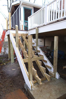 Timberframe front Entrance & Hardy Siding & Deck - Construction - Deck Stairs