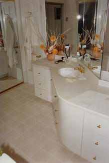 Bathroom G - AFTER with Free-form Vanity (White Laquer Paint & Corian Countertops)