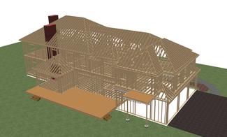 Home addition over garage and porch - 3D rendering of framing